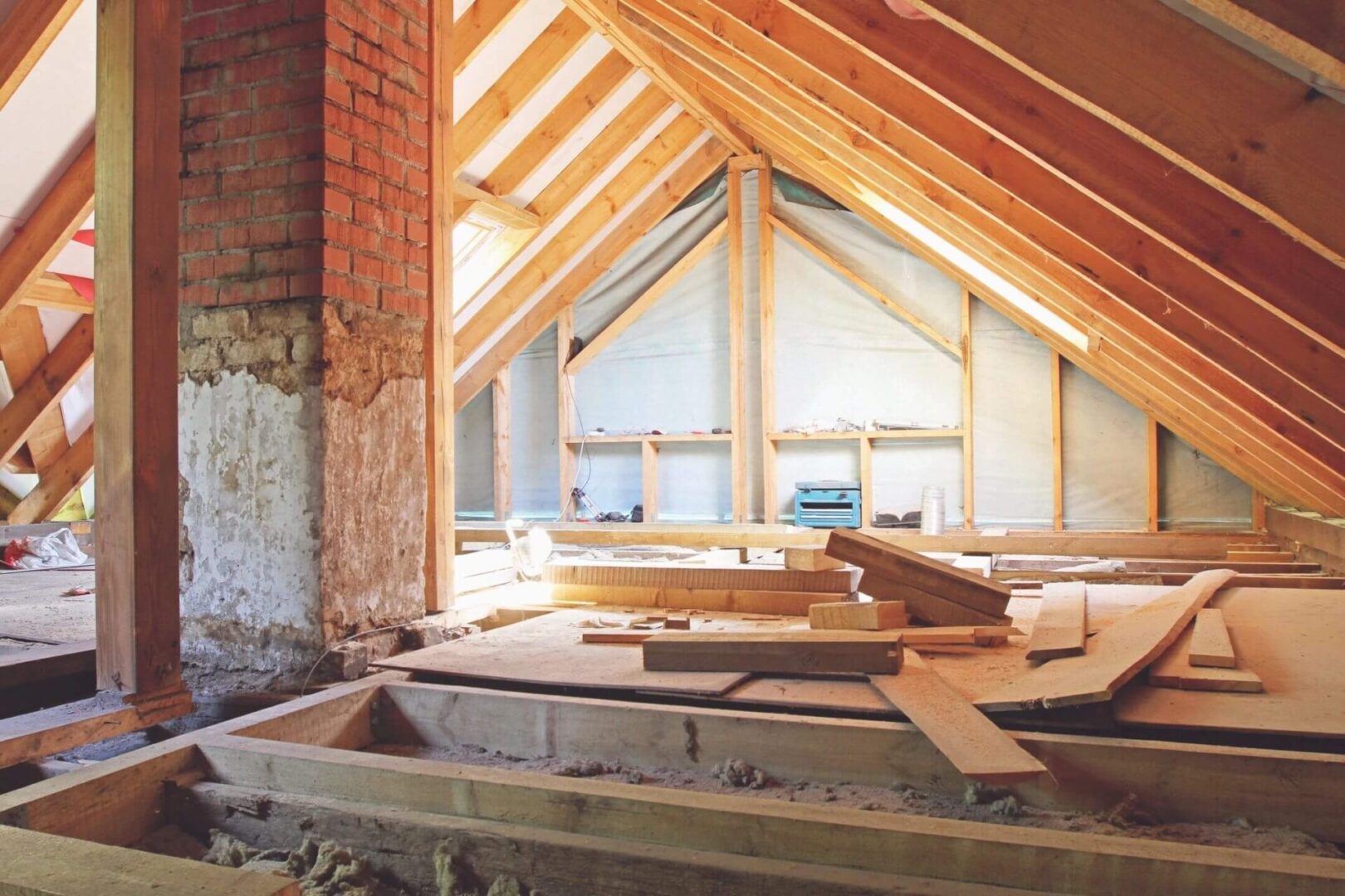 A room with exposed beams and wood in it.